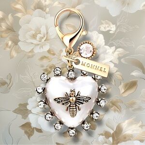 Gold & White Enamel Heart Bag Charm & Keychain with Bee Design by‎ Monnel